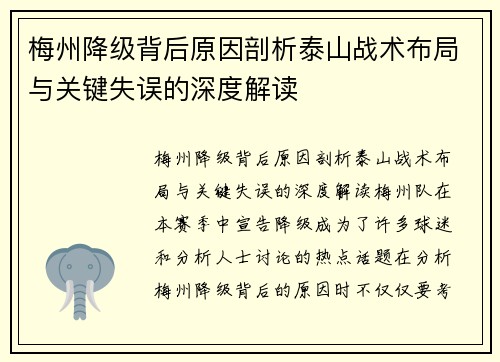 梅州降级背后原因剖析泰山战术布局与关键失误的深度解读 梅州降级背后原因剖析泰山战术布局与关键失误的深度解读